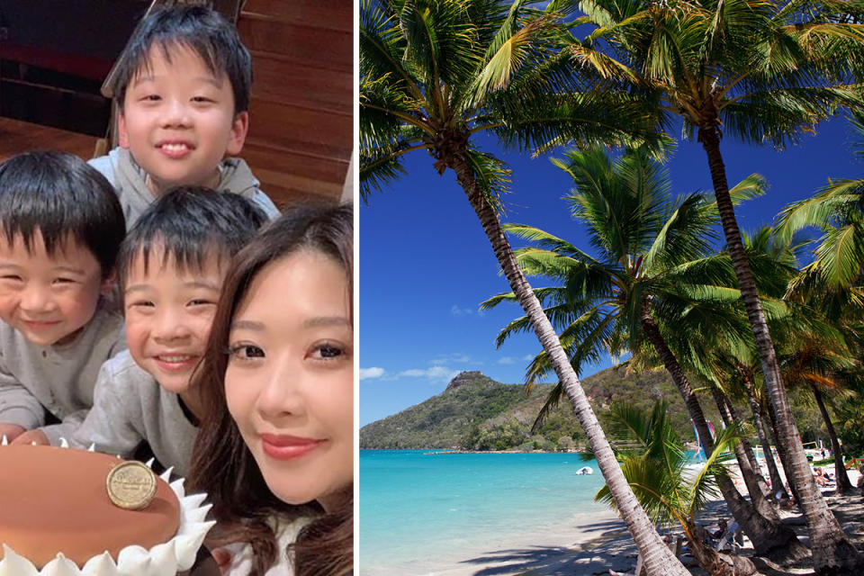 Loyalty program enthusiast Julie Wang and her three young sons; Palm trees on a Hamilton Island beach