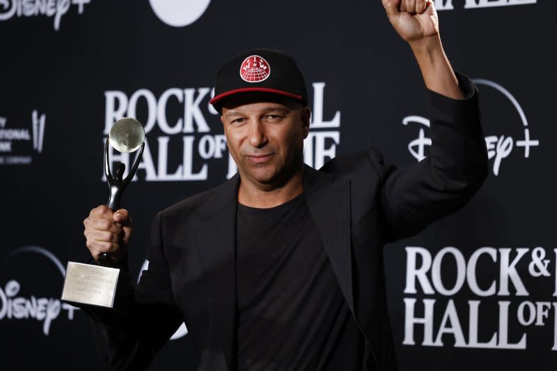 Tom Morello representing Rage Against the Machine arrives in the press room when Rage Against the Machine are inducted Into Rock & Roll Hall of Fame at the 38th Annual Rock & Roll Hall Of Fame Induction Ceremony at Barclays Center on Friday in New York City. Photo by John Angelillo/UPI