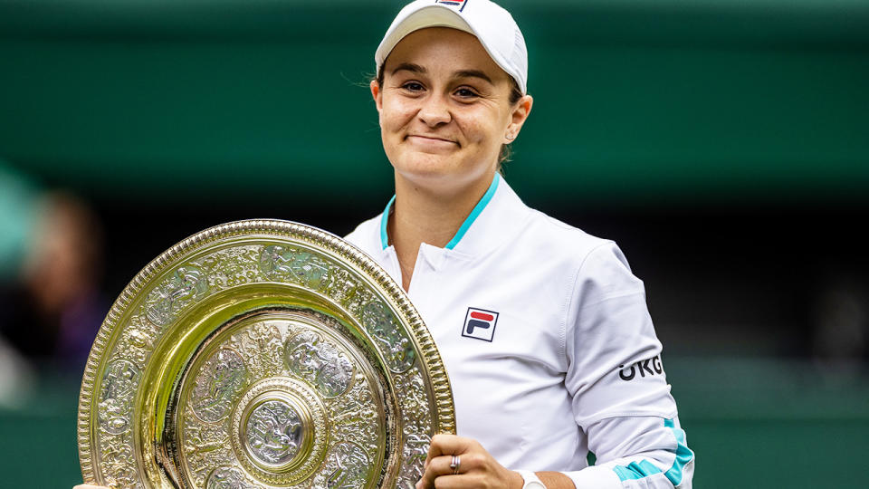 Ashleigh Barty, pictured here with her trophy after winning Wimbledon. 