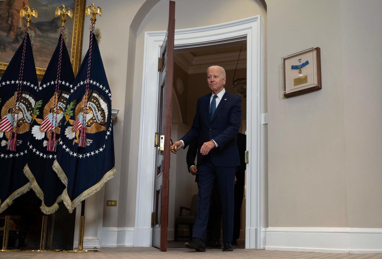 US President Joe Biden arrives to speak about the continued support of Ukraine in its fight against Russia, in the Roosevelt Room of the White House. The US announced on Jan. 25 that it will provide 31 Abrams tanks to help Ukraine repel Russia's invasion, mirroring a similar move by Germany in the face of dire warnings from Moscow.