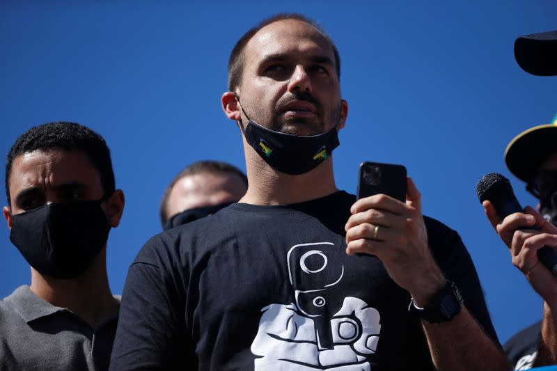 Brazilian Federal Deputy Eduardo Bolsonaro attends a pro-gun rally in Brasilia