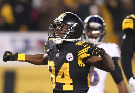 Dec 25, 2016; Pittsburgh, PA, USA; Pittsburgh Steelers wide receiver Antonio Brown (84) reacts after a first down against the Baltimore Ravens during the fourth quarter at Heinz Field. The Steelers won 31-27. Mandatory Credit: Charles LeClaire-USA TODAY Sports