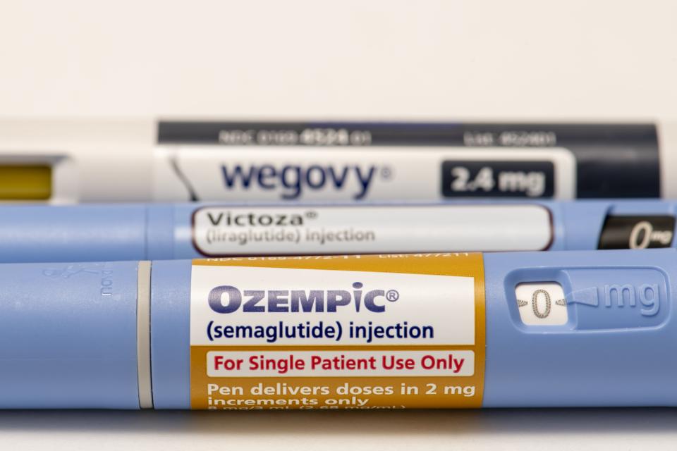 Still life close-up of the three major injectable prescription weight loss drugs. Ozempic, Victoza, and Wegovy. (Photo by: Michael Siluk/UCG/Universal Images Group via Getty Images)