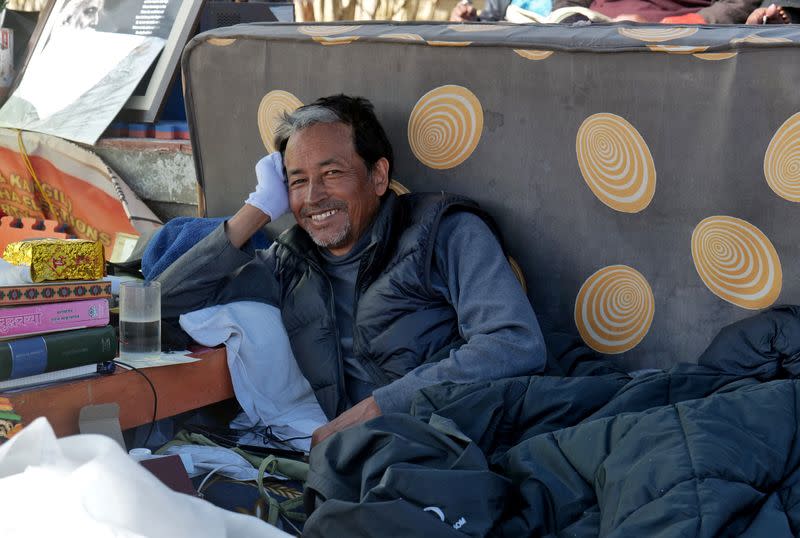 Sonam Wangchuk looks on as he sits on a hunger strike demanding constitutional safeguards and statehood in Ladakh