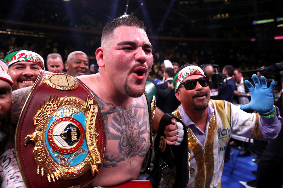 Andy Ruiz Jr (centre) celebrates the win in the WBA, IBF, WBO and IBO Heavyweight World Championships title fight against Anthony Joshua at Madison Square Garden, New York. (Photo by Nick Potts/PA Images via Getty Images)