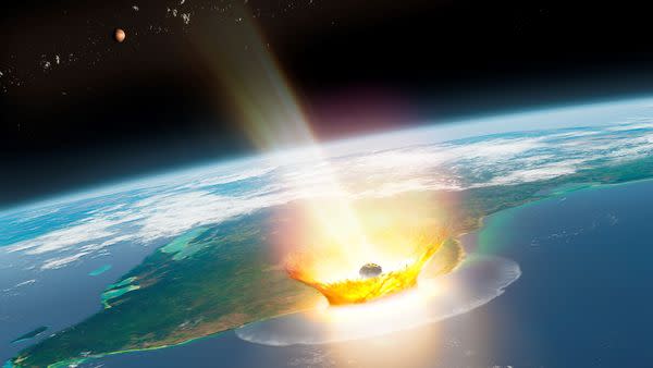  An illustration of an asteroid hitting Earth, which takes up most of the screen. The impact causes a large fiery blast. 