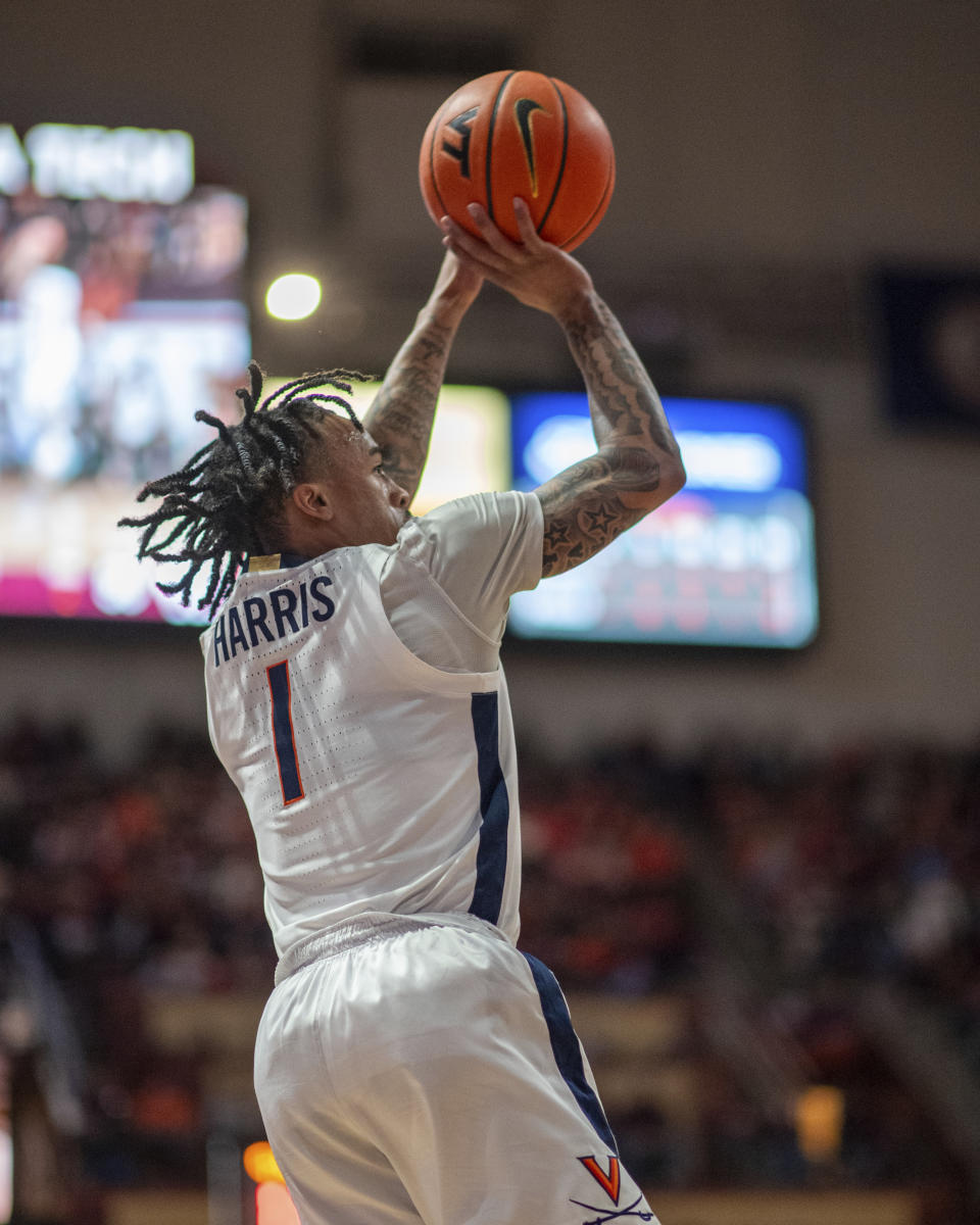 Virginia's Dante Harris shoots the ball during the second half of an NCAA college basketball game against Virginia Tech, Monday, Feb. 19, 2024, in Blacksburg, Va. (AP Photo/Robert Simmons)