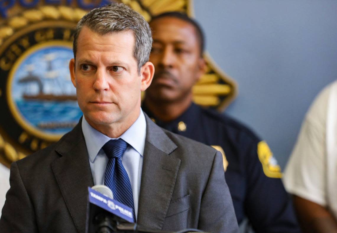 Hillsborough State Attorney Andrew Warren speaks during a press conference at the Tampa Police Department in July.