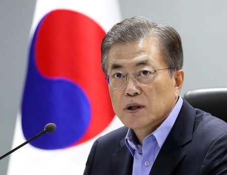 South Korean President Moon Jae-in attends the National Security Council (NSC) meeting in Seoul, South Korea on September 3, 2017. Blue House/Yonhap/via REUTERS