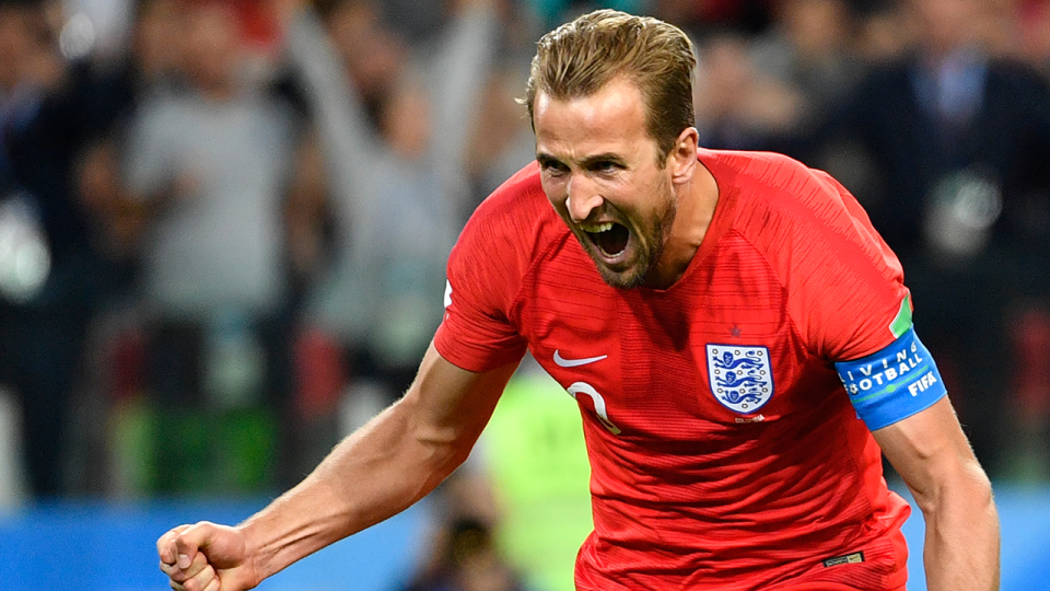 Kane celebrates after scoring a penalty against Colombia. Pic: Getty