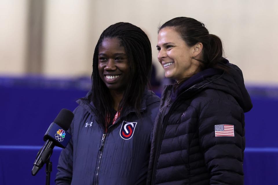 MILWAUKEE, WISCONSIN - JANUARY 09: Erin Jackson and Brittany Bowe speak to the media during the 2022 U.S. Speedskating Long Track Olympic Trials at Pettit National Ice Center on January 09, 2022 in Milwaukee, Wisconsin. (Photo by Stacy Revere/Getty Images)