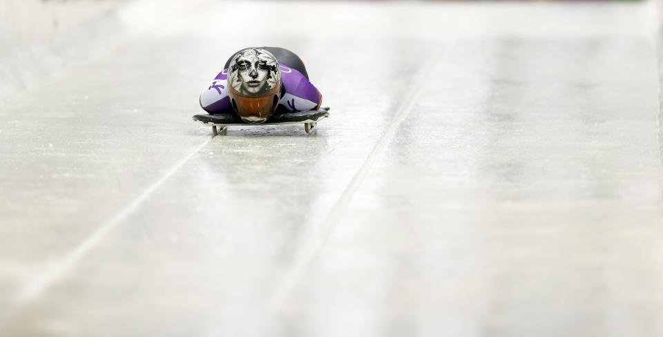 Sarah Reid of Canada starts a training run for the women's skeleton during the 2014 Winter Olympics, Monday, Feb. 10, 2014, in Krasnaya Polyana, Russia.