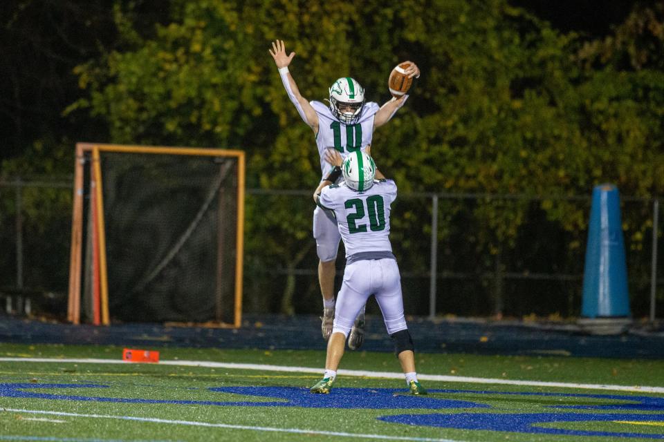 Mainlands's Cohen Cook (#10) celebrates a touchdown during the Mainland vs. Middletown South NJSIAA Central Group 4 championship football game at Middletown High School South in Middletown, NJ Friday, November 11, 2022.