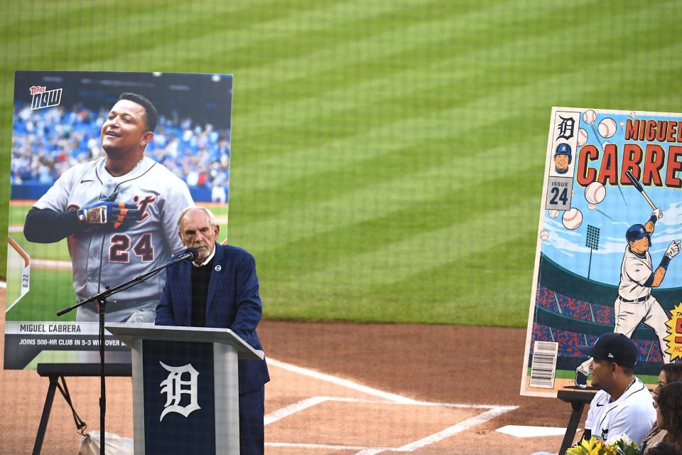 Detroit Tigers designated hitter Miguel Cabrera (24) listens to former manager Jim Leyland during a pre-game ceremony before the game Sept. 24, 2021 against the Kansas City Royals at Comerica Park.