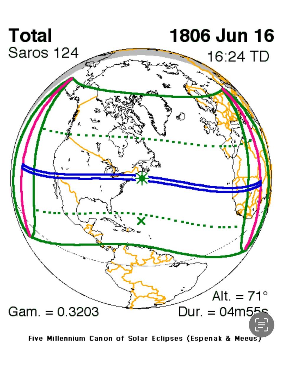 This illustration shows the path of the total solar eclipse of June 16, 1806.