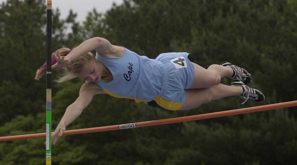 Katharine DeVilbiss of Cape Henlopen clears 9'6" to set a Division II record at the 2003 state meet.