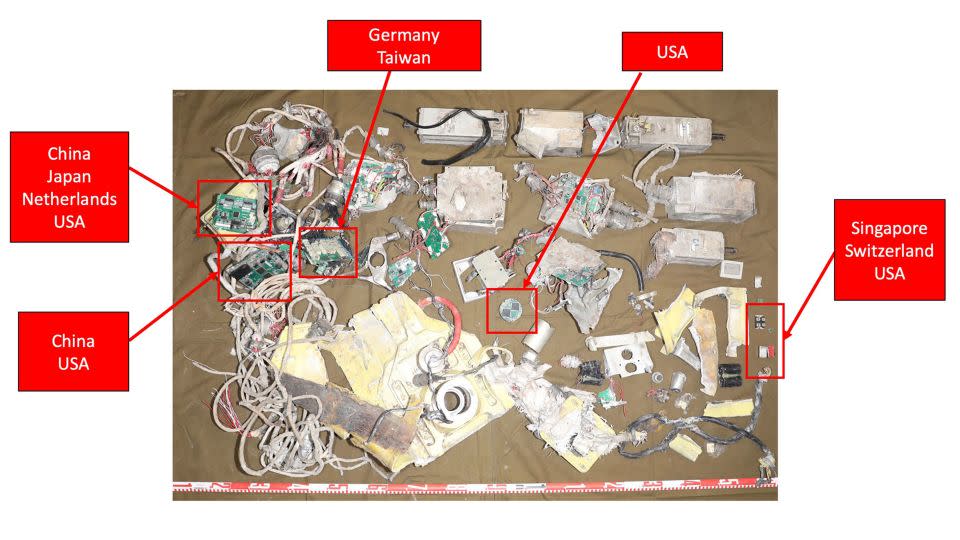 The tail section of the ballistic missile examined by the group Conflict Armament Research, which includes the missile's navigation system, and the countries where the components originated. - Courtesy Conflict Armament Research