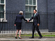 Britain's Prime Minister Theresa May welcomes Ireland's Taoiseach Leo Varadkar to Downing Street in London, September 25, 2017. REUTERS/Hannah McKay