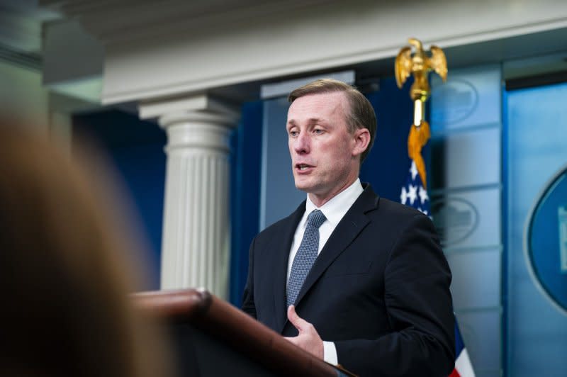 Jake Sullivan, White House national security adviser, speaks during a news conference in Washington, D.C., in November 2023. "Today’s actions [on sanctions] seek to promote peace and security for Israelis and Palestinians alike," Sullivan said in a statement on Thursday. File Photo by Al Drago/UPI