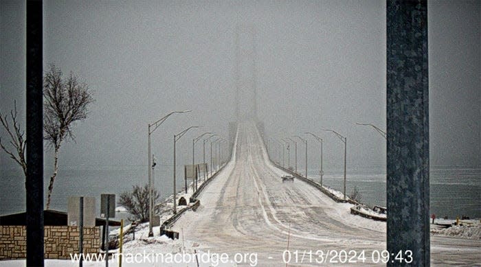 A view of the Mackinac Bridge looking south at 9:43 a.m. on Saturday, Jan. 13, 2024.