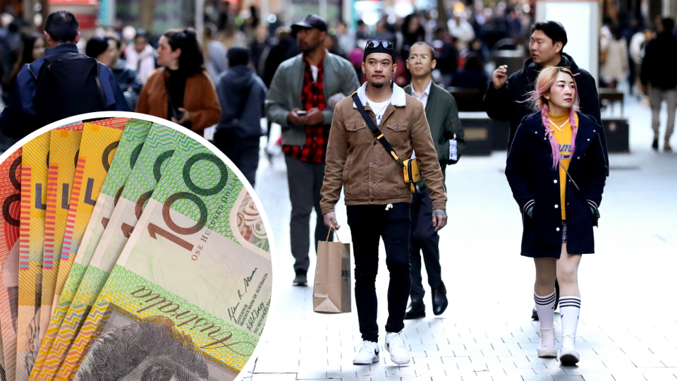 People walking on the street and Australian money to represent money spent on rideshares.