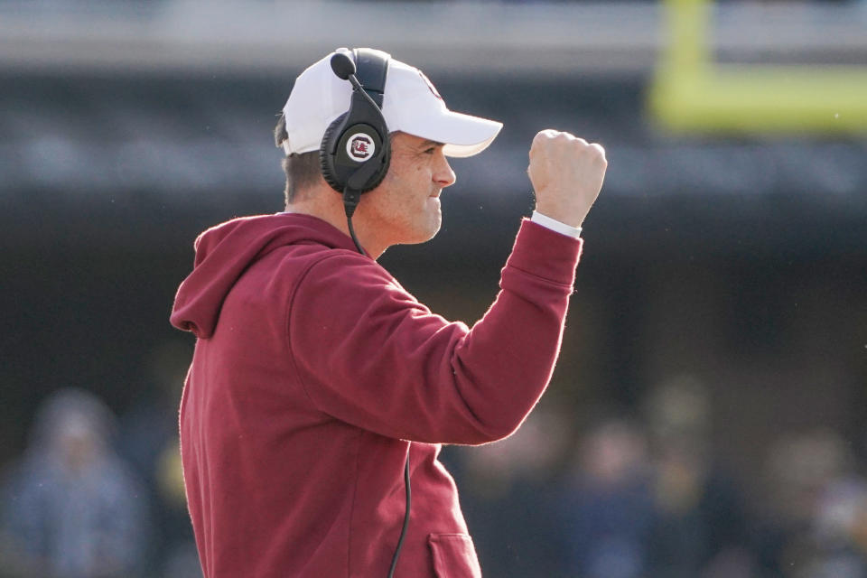 Nov 13, 2021; Columbia, Missouri, USA; South Carolina Gamecocks head coach Shane Beamer reacts to play against the Missouri Tigers during the first half at Faurot Field at Memorial Stadium. South Carolina was an ACC member from 1953-1971. Mandatory Credit: Denny Medley-USA TODAY Sports