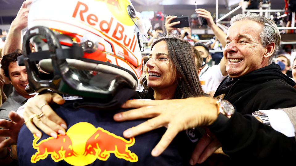 Seen here, Max Verstappen embraces his girlfriend Kelly Piquet after winning the F1 world title.