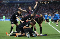 <p>Croatia’s Domagoj Vida celebrates putting Croatia ahead in injury time </p>