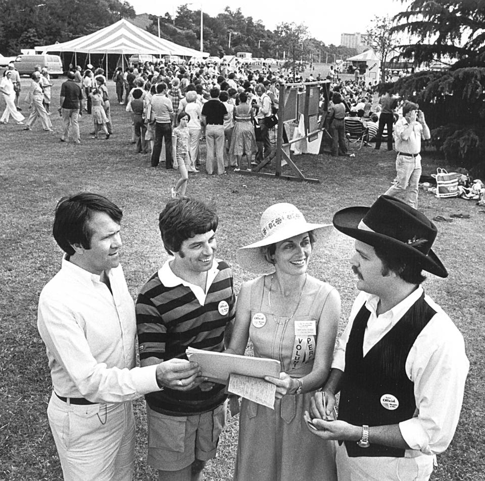 Memphis In May officials, from left, Lyman Aldrich, Wise Smith, Robin Davis and Rodney Baber Jr. gather as the month-long event neared its close on June 3, 1978.