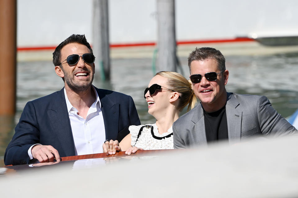 <p>Ben Affleck, Jodie Comer and Matt Damon keep the laughs coming while arriving at the Venice International Film Festival on Sept. 10 in Italy.</p>