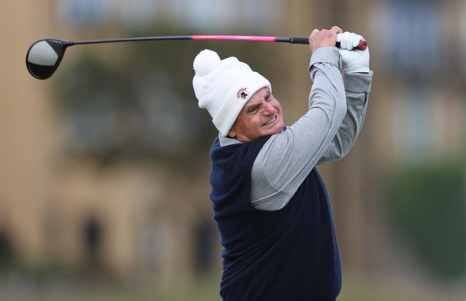 Jimmy Dunne tees off on the 18th hole during a practice round prior to the Alfred Dunhill Links Championship on the Old Course St. Andrews on Sept. 28, 2022.