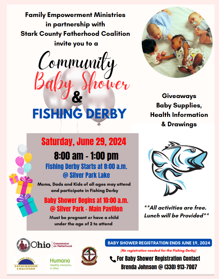 Flyer from Family Empowerment Ministries shares details about the June 29 Community Baby Shower & Fishing Derby, planned from 8 a.m. to 1 p.m. at Silver Park in Alliance.