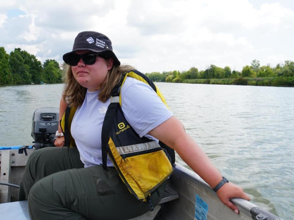 Katie Church spent her whole summer searching, finding and plucking invasive European water chestnut from the Welland River, in the Niagara Region. It's one of just three known populations in Ontario. (Haydn Watters/CBC - image credit)