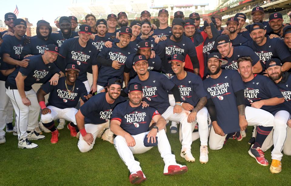 Sep 19, 2024; Cleveland, Ohio, USA; Cleveland Guardians manager Stephen Vogt, middle, celebrates with players after the Guardians beat the Minnesota Twins at Progressive Field. The Guardians clinched a playoff berth with the win. Mandatory Credit: Ken Blaze-Imagn Images