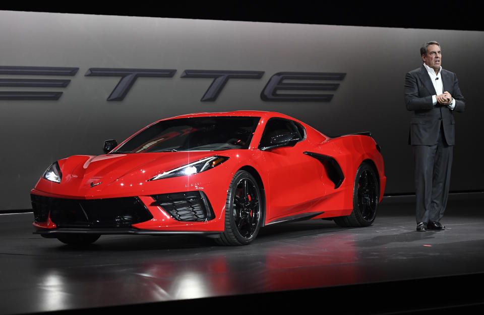 TUSTIN, CA - JULY 18: Mark Reuss, president of General Motors Company, unveils the 2020 mid-engine C8 Corvette Stingray during a news conference on July 18, 2019 in Tustin, California. (Photo by Kevork Djansezian/Getty Images)