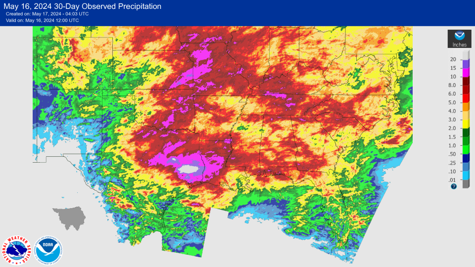 More than 20 inches of rain had fallen in parts of Southeast Texas through May 16th, according to the National Weather Service, causing flooding and increasing the risk of flash flooding during additional heavy rain events.