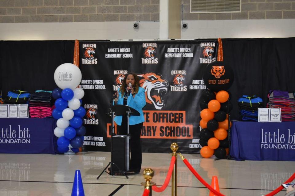 Miranda Walker Jones, chief executive officer of the Little Bit Foundation, speaks during the ribbon-cutting ceremony announcing a partnership with East St. Louis School District 189 at Annette Officer Elementary on Feb. 9, 2024. The Little Bit Foundation