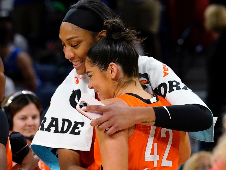 A'ja Wilson (left) hugs Kelsey Plum after the latter earned 2022 WNBA All-Star Game MVP honors.