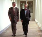 President Bill Clinton and former Surgeon General C. Everett Koop walk along the Colonnade to the Oval Office at the White House Aug.17, 1994. Clinton's push for passage of health care reform has been sidetracked by efforts to get the crime bill passed. (AP Photo/Wilfredo Lee)
