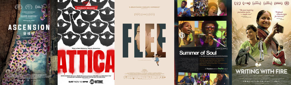 This combination of photos shows promotional art for the Oscar nominees for best documentary feature, from left, "Ascension," "Attica," "Flee," "Summer of Soul (...Or, When the Revolution Could Not Be Televised)," and "Writing with Fire." (MTV Documentary Films/Showtime/Neon/Hulu/Music Box Films via AP)