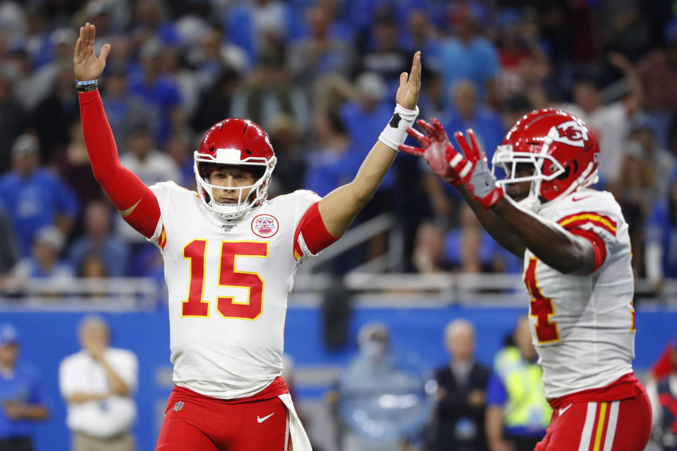 Kansas City Chiefs quarterback Patrick Mahomes (15) reacts after a touchdown during the first half of an NFL football game against the Detroit Lions, Sunday, Sept. 29, 2019, in Detroit. (AP Photo/Paul Sancya)