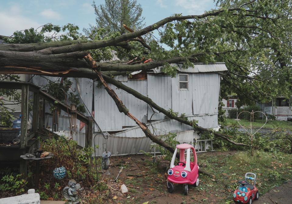 A large tree fell on the Ferrells' home after a storm swept through the Silver Lakes housing development in Cementville, Indiana, on Tuesday afternoon. September 24, 2024