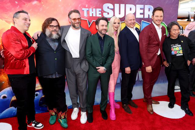 Amy Sussman/Getty From left: Sebastian Maniscalco, Jack Black, Seth Rogen, Charlie Day, Anya Taylor-Joy, Chris Meledandri, Chris Pratt and Nintendo's Shigeru Miyamoto in April