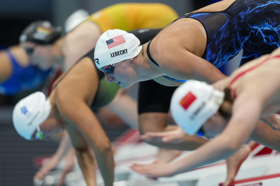 <p>Katie Ledecky, of the United States, startS in her heat of the women's 400-meter freestyle at the 2020 Summer Olympics, Sunday, July 25, 2021, in Tokyo, Japan. (AP Photo/Martin Meissner)</p> 