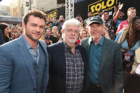 <p>Alden Ehrenreich, George Lucas, and Ron Howard. (2018 Getty Images) </p>