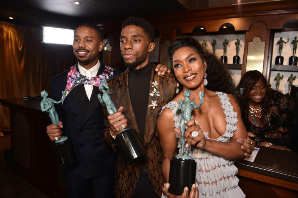 Angela, Chadwick, and Michael at the Screen Actor Guild Awards with their trophys