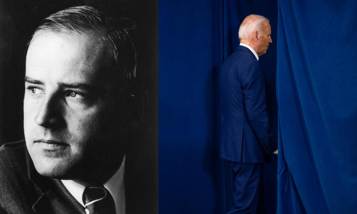 <span>Left: Biden as the Democratic Senate candidate for Delaware in 1972; right: Biden departs after speaking in Rehoboth Beach, Delaware, on 13 July 2024.</span><span>Illustration: Bettmann Archive/AFP/Getty Images/Guardian Design</span>