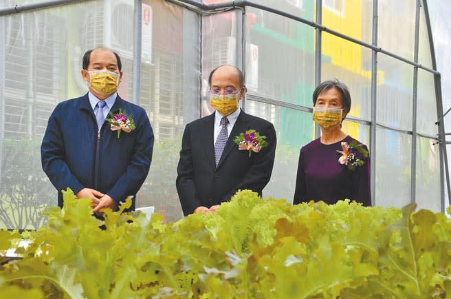 桃園市龜山區大崗國小校長鄭武信（左起）、日月光投控行政長汪渡村、銘傳大學校長沈佩蒂一起到大崗國小，了解魚菜共生成果。（賴佑維攝）