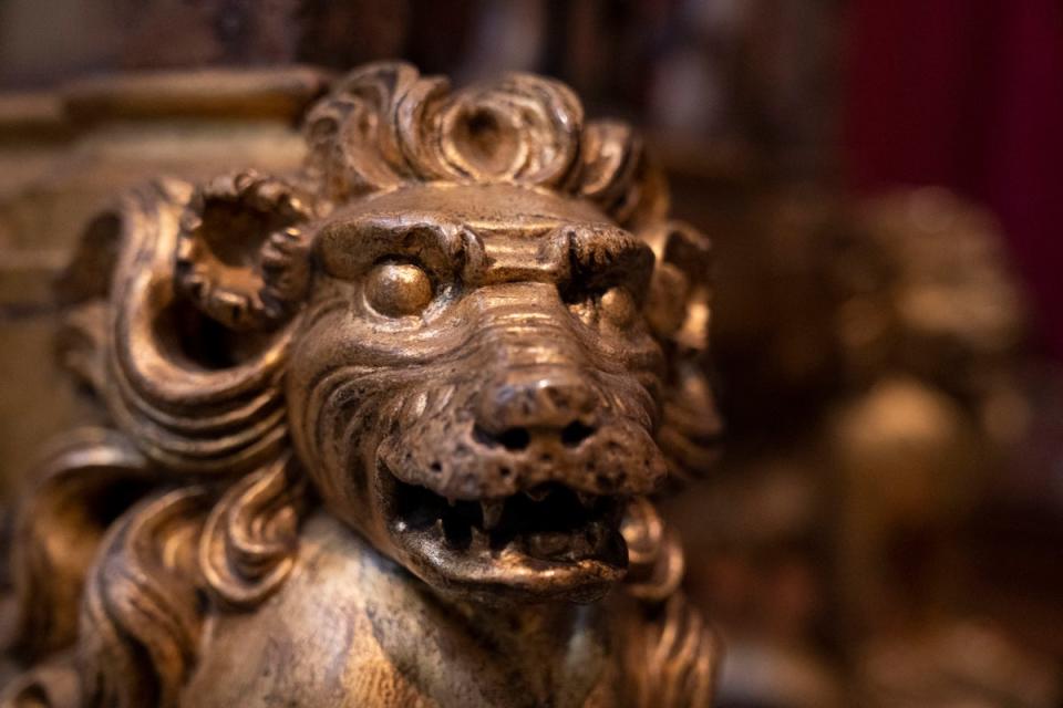 Detail of a lion on the Coronation chair, at Westminster Abbey in London (PA)
