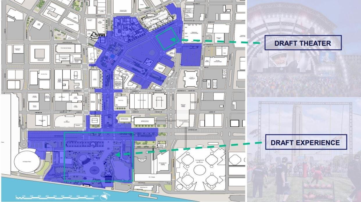 A map of where NFL Draft events will be held in downtown Detroit on April 25-27, 2024.